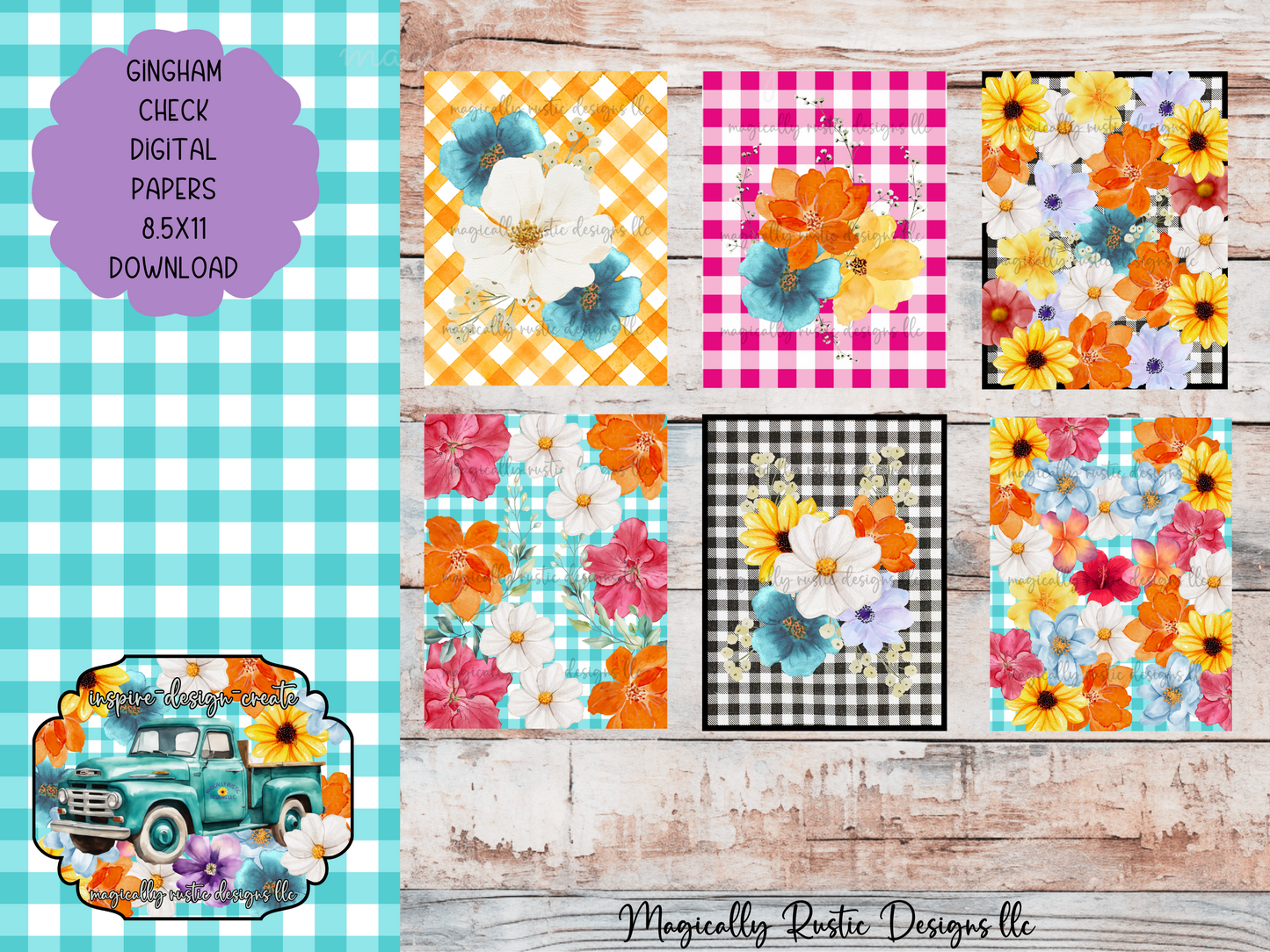 Gingham Check Flower Set-Digital Papers